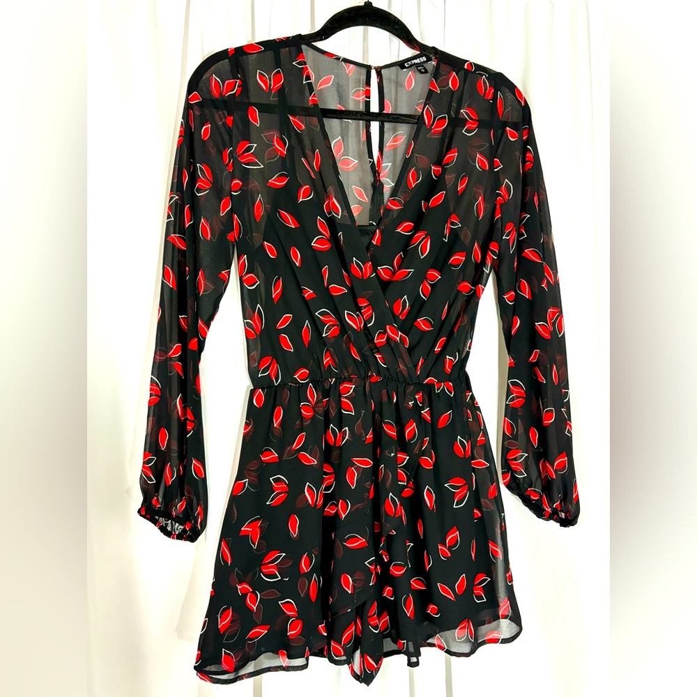 EXPRESS Black Red Sheer Floral Romper Dress X Small
